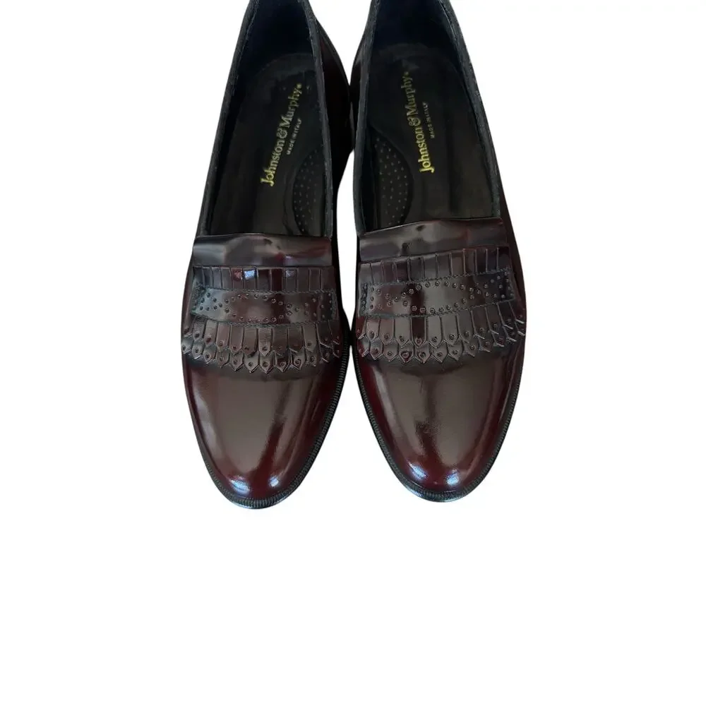 Johnston & Murphy Mens Loafers 8.5 Burgundy Leather Kiltie Dress Shoes Italy